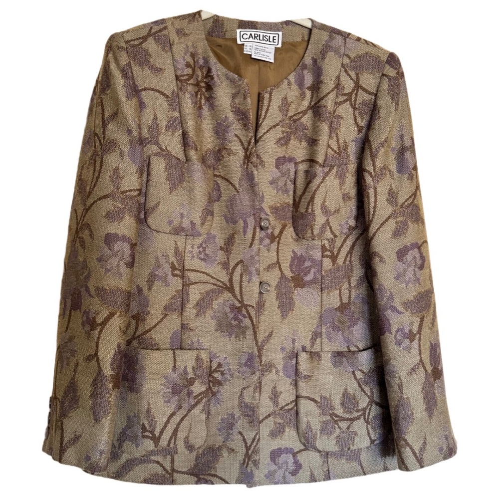 CARLISLE 100% Wool Button Front Collarless Floral Jacquard Blazer Jacket Size 14